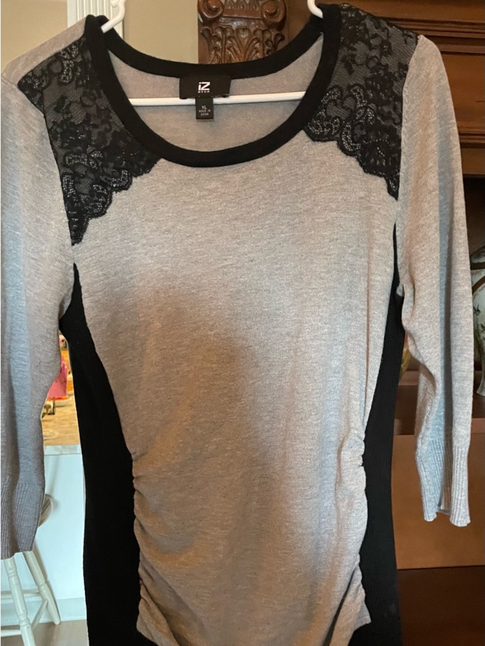 Iz Byer Gray and Black Lace-Accent Long Sleeve Tee